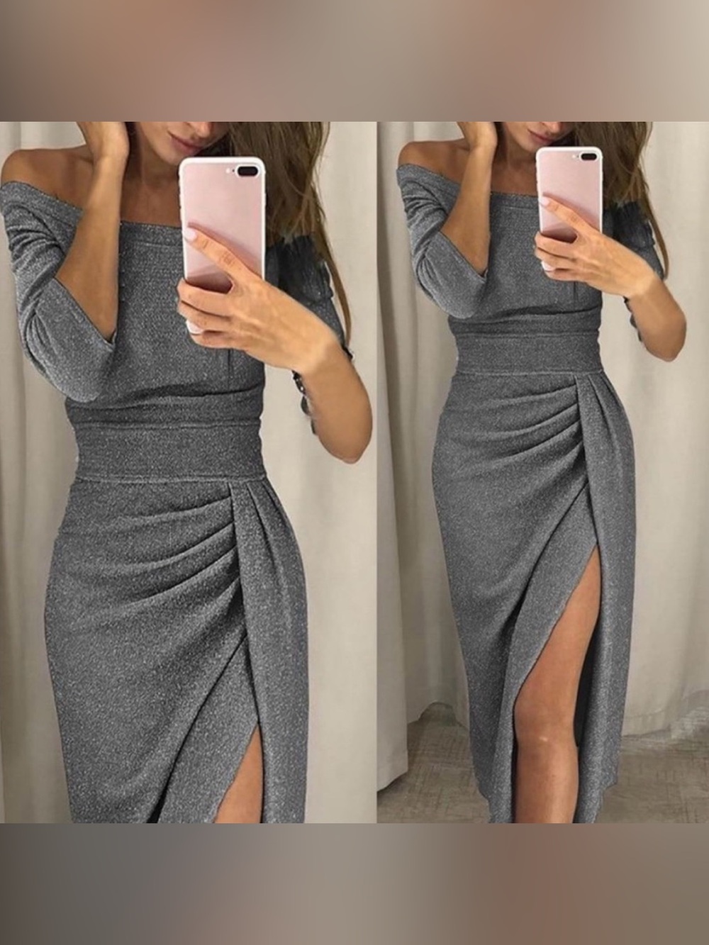 CBR Metallic Glitter Off Shoulder Draped Midi Dress Silver Black S